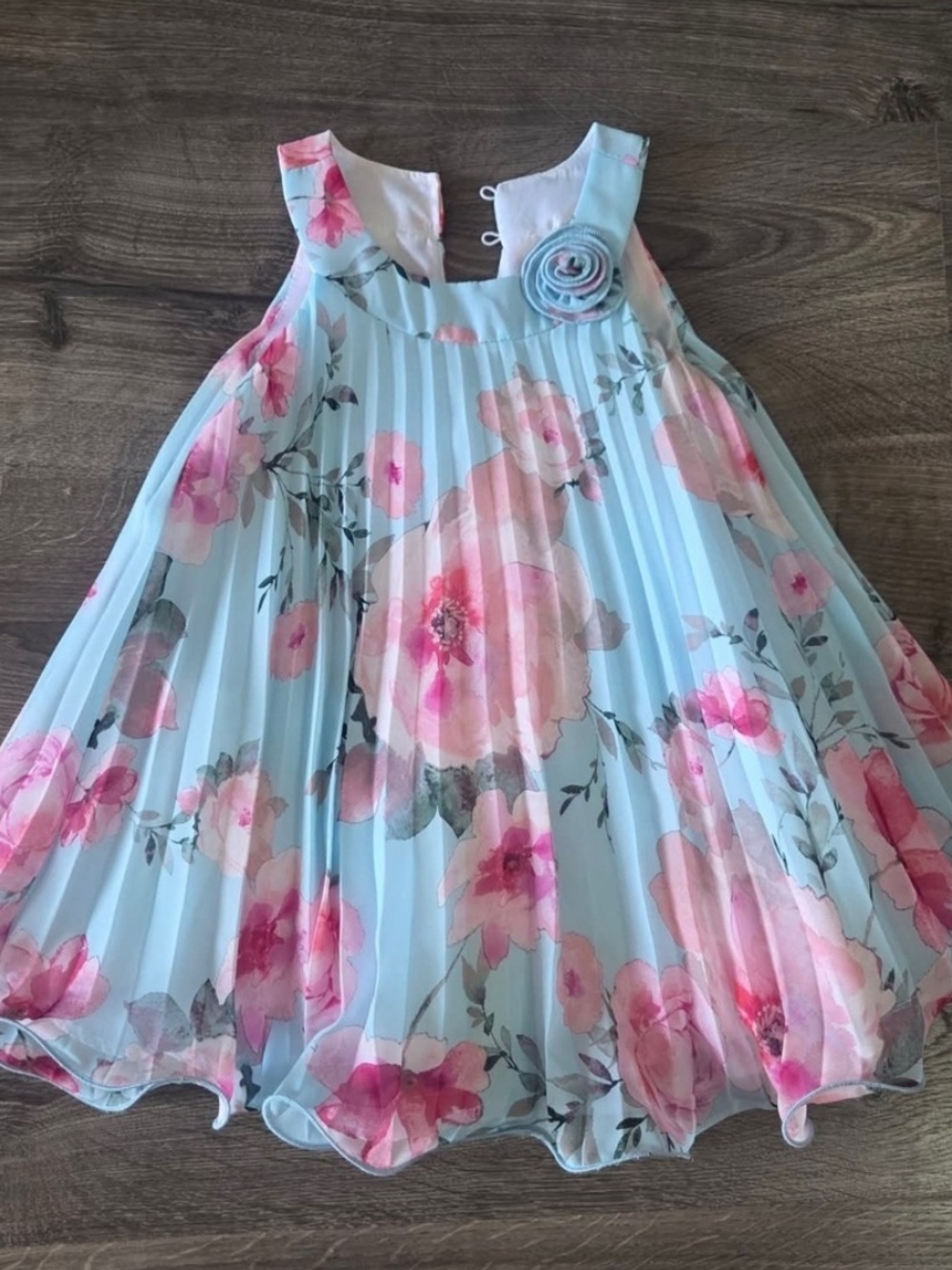 Girls' Floral Pleated Dress - Pink on Light Blue